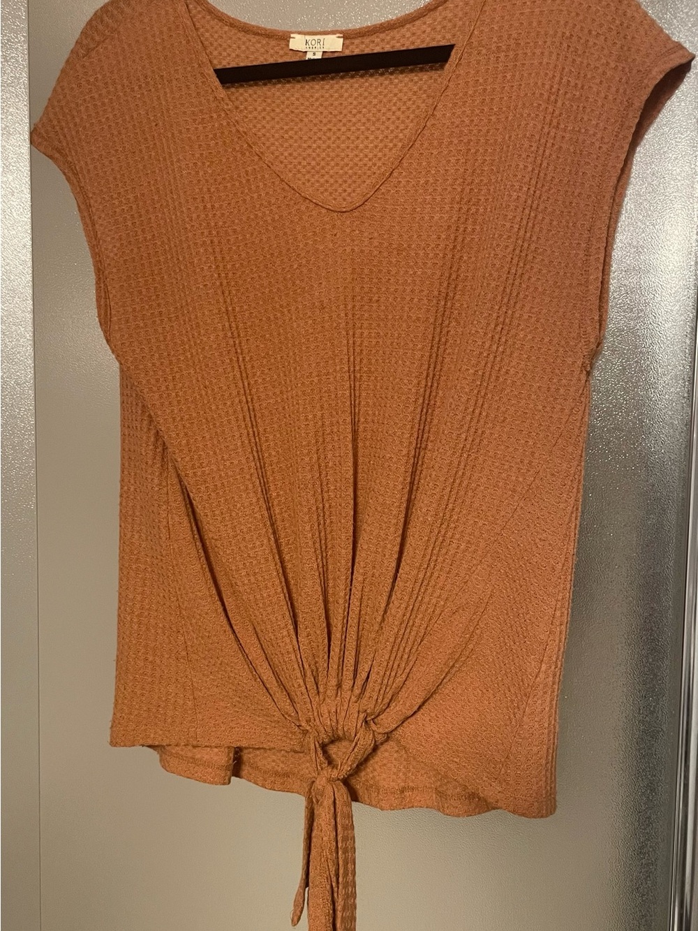 Kori America Rust Burnt Orange Tie-Front Waffle Knit Top